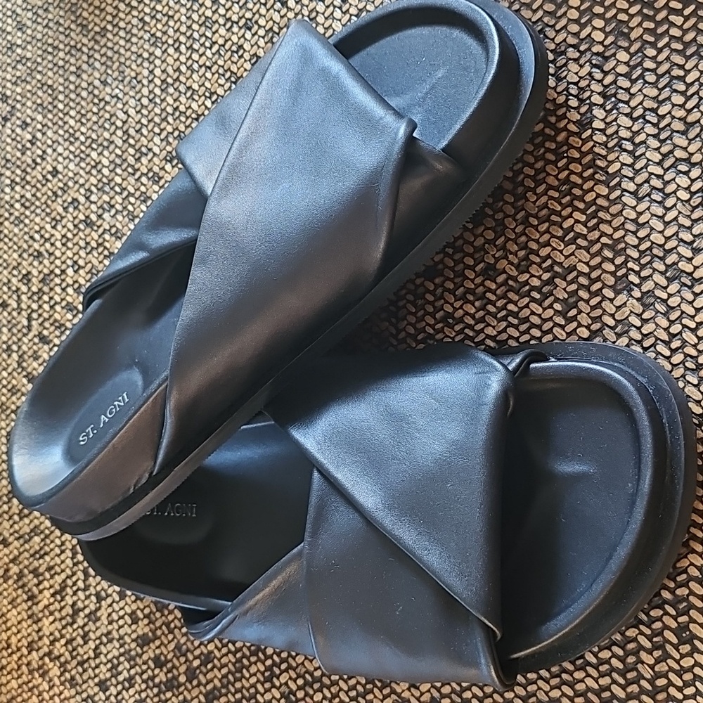 St. Agni Fold Detail Leather Slides - Picture 3 of 7